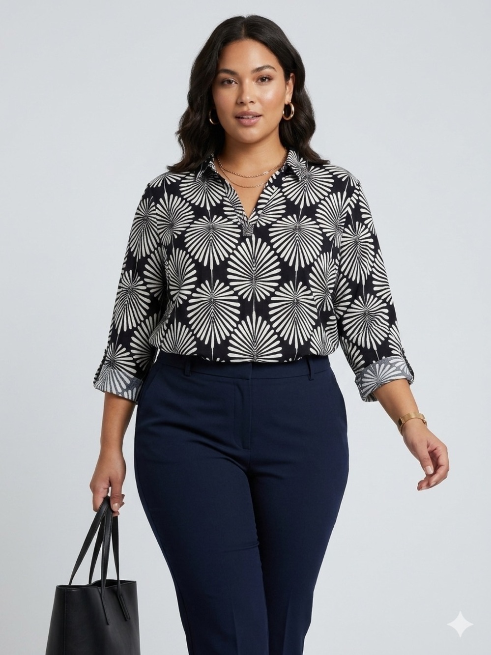 Joie Black White Palm Leaf Print Linen Blend Tunic Blouse V-Neck 3/4 Sleeve 2X